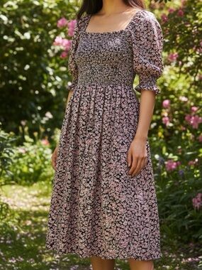 Riley & Rae Women Black Midi Dress with Pink Floral Print